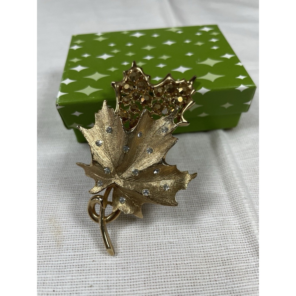 Vintage Sarah Coventry Rhinestone Gold-tone Two Leaves Brooch
